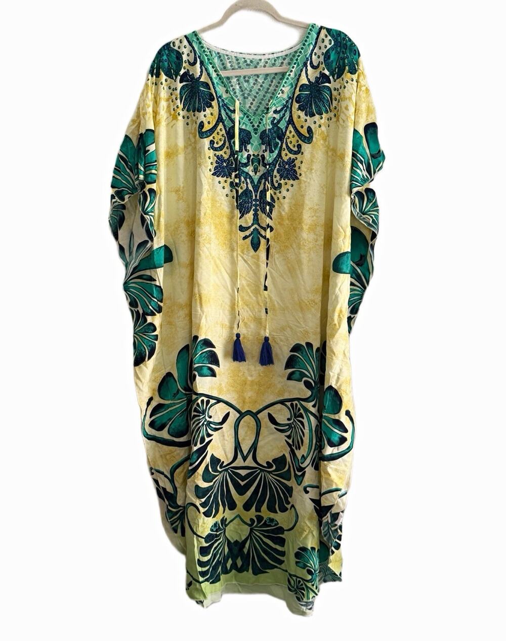 Eddoyee Women’s Yellow/Green Beach Kaftan Maxi Dress V-Neck One Size